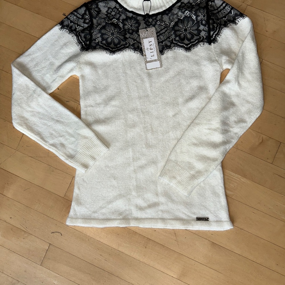 NEW LIPSY white mock neck with black lace yoke sweater, 2, N122 - Picture 2 of 7